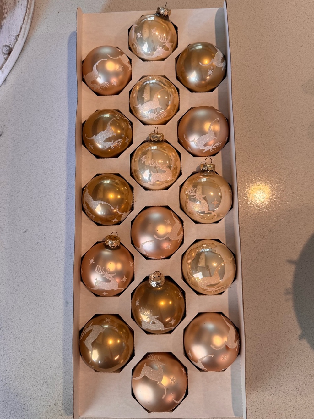 Vintage Holiday Time Gold Glass Ornaments 16pc Box Set Made in USA Rauch